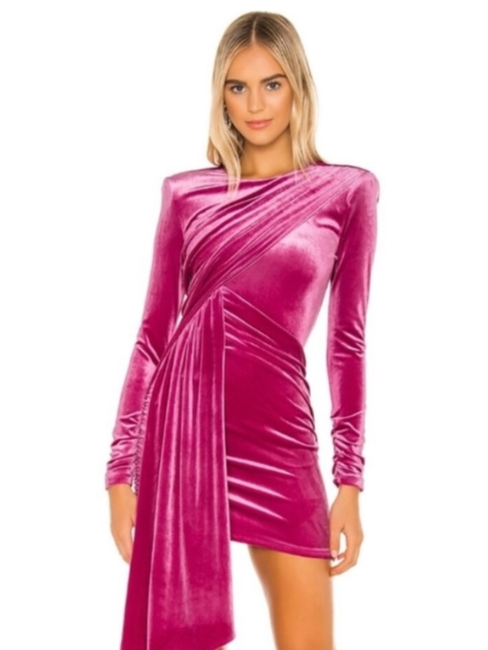 🔥REVOLVE X Michael Costello Fuchsia Velvet Draped Long-Sleeve Mini Dress MEDIUM
